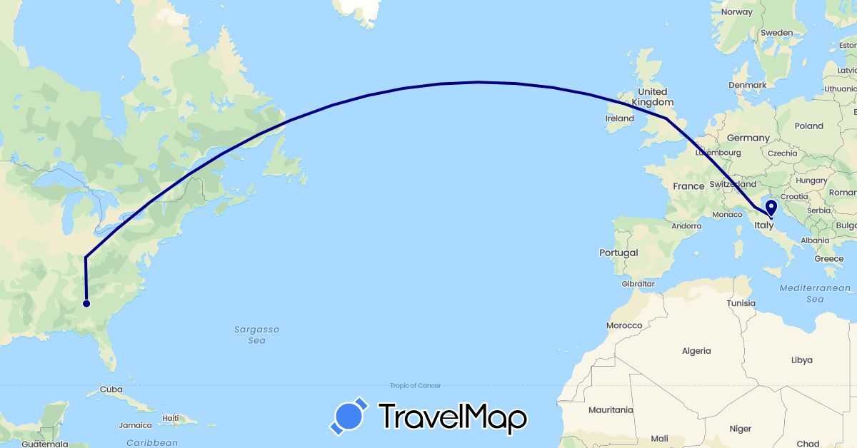 TravelMap itinerary: driving in United Kingdom, Italy, United States (Europe, North America)